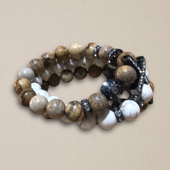 Rhinestone Cross w/ Neutral Beads, Stretch Stackable Layering Bracelet - Picture 2 of 3